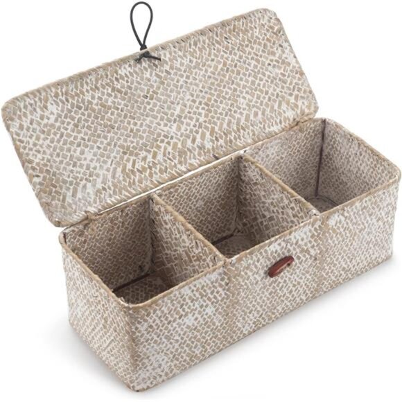 Seagrass Storage Basket with Lid Rectangular Small Woven Shelf Baskets with Storage